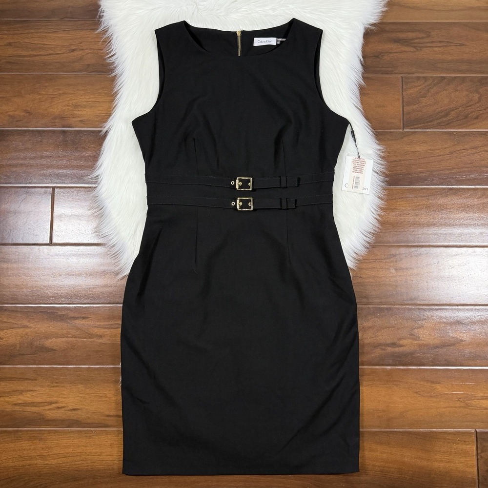 Calvin Klein Women's Size 10 Black Double Buckle Sleeveless Crepe Sheath Dress‎